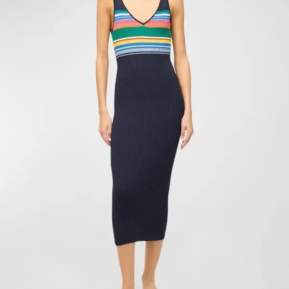 NWT XL STAUD Multicolor Striped Rib Knit Midi Dress